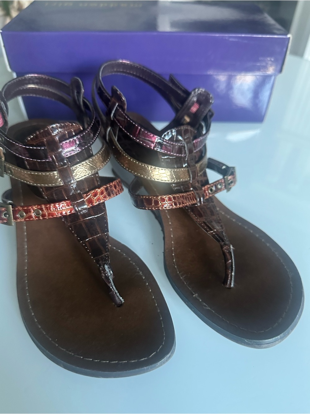 Madden Girl Whizz Croc Gladiator Sandals Brown Multi 7m